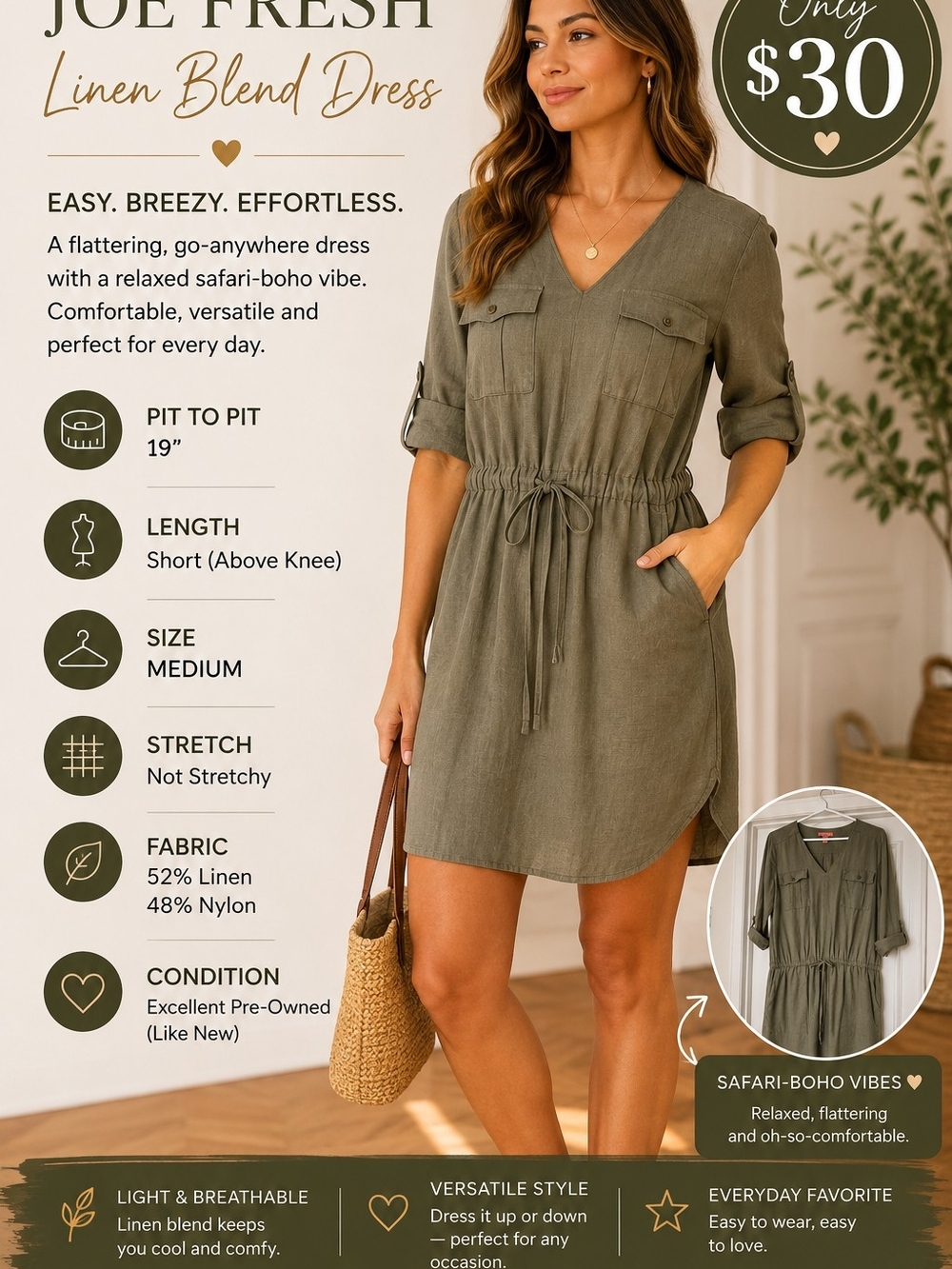 Joe Fresh Olive Green V-Neck Linen-Blend Drawstring Dress